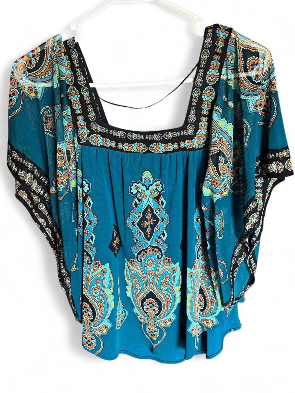 Bohemian Boho Teal Paisley Square Neck Blouse size S petite